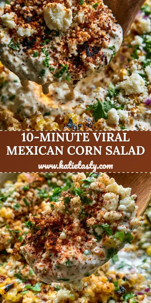 Mexican Street Corn Salad with Charred Corn and Smoky Lime Crema 4 A close-up of a wooden spoon lifting a creamy scoop of mexican street corn salad with charred kernels, cotija cheese, and cilantro from a rustic bowl.