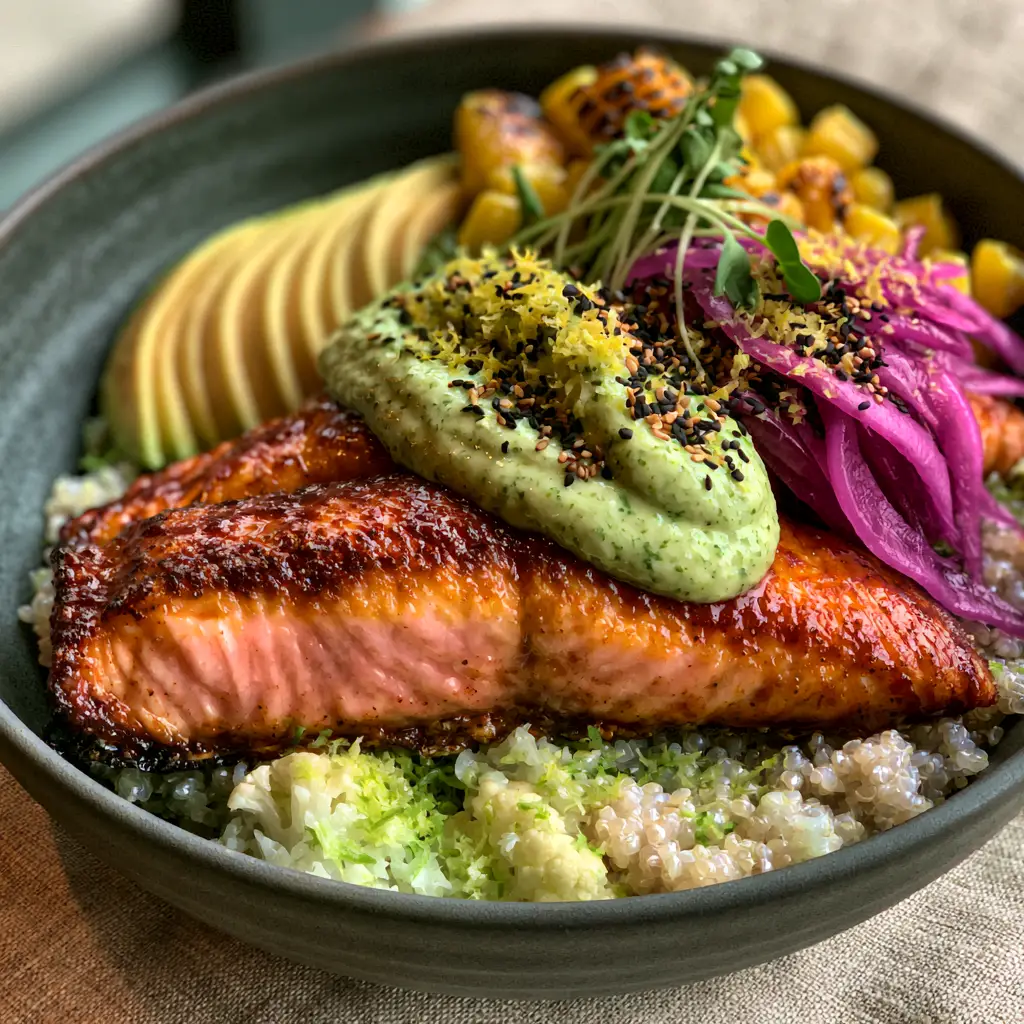 Healthy Dinner Ideas: Honey-Sriracha Salmon Bowls with Lime-Zested Quinoa 1 Overhead shot of a complete healthy dinner bowl with avocado, corn, and pickled cabbage.