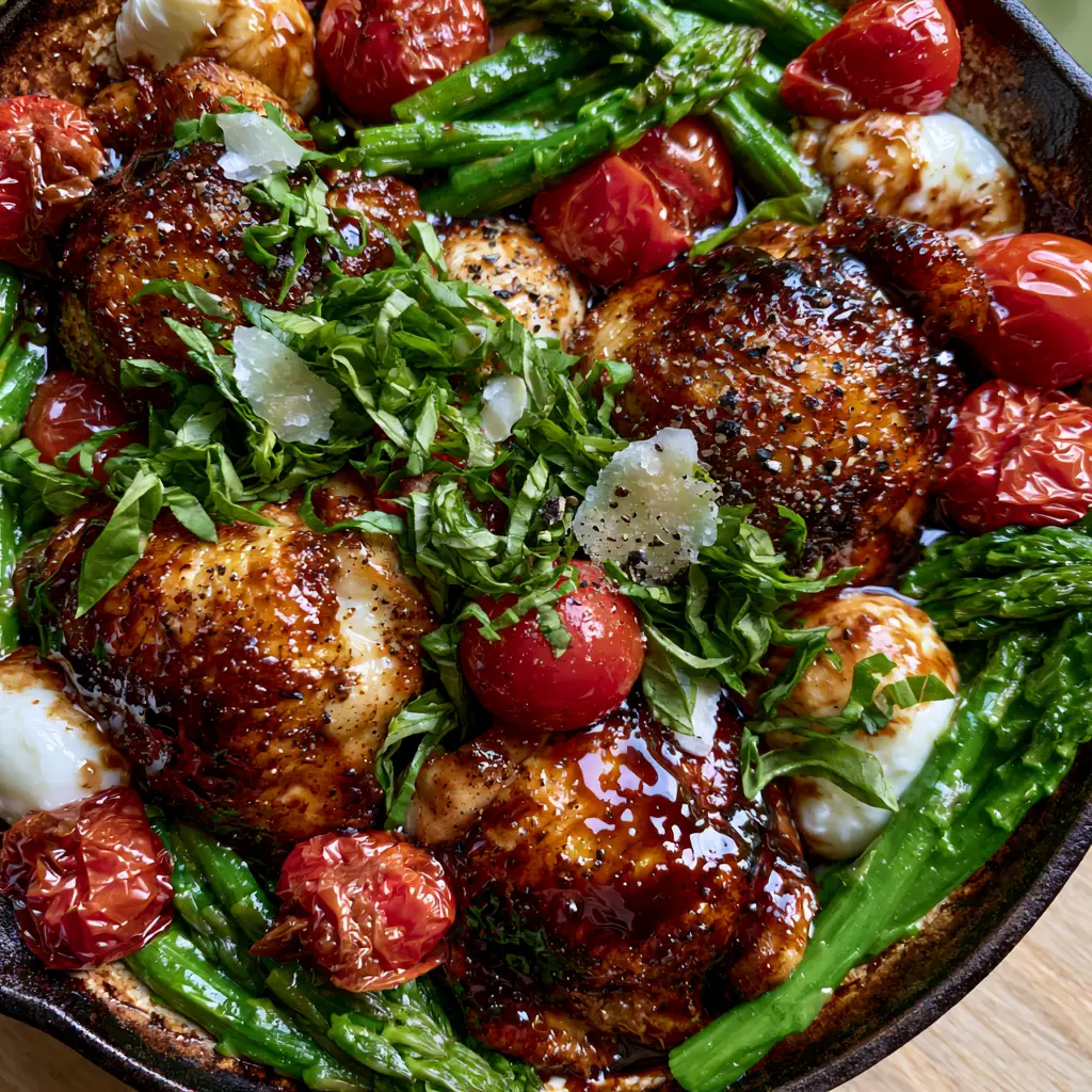 One Pan Balsamic Chicken with Blistered Tomatoes and Asparagus 1 Rustic skillet filled with one pan balsamic chicken, bright red tomatoes, and green asparagus on a light wood background.