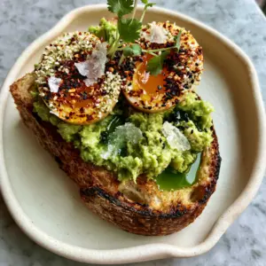 Extreme detail of charred sourdough crust topped with chunky avocado and a liquid egg yolk. (avocado meals)