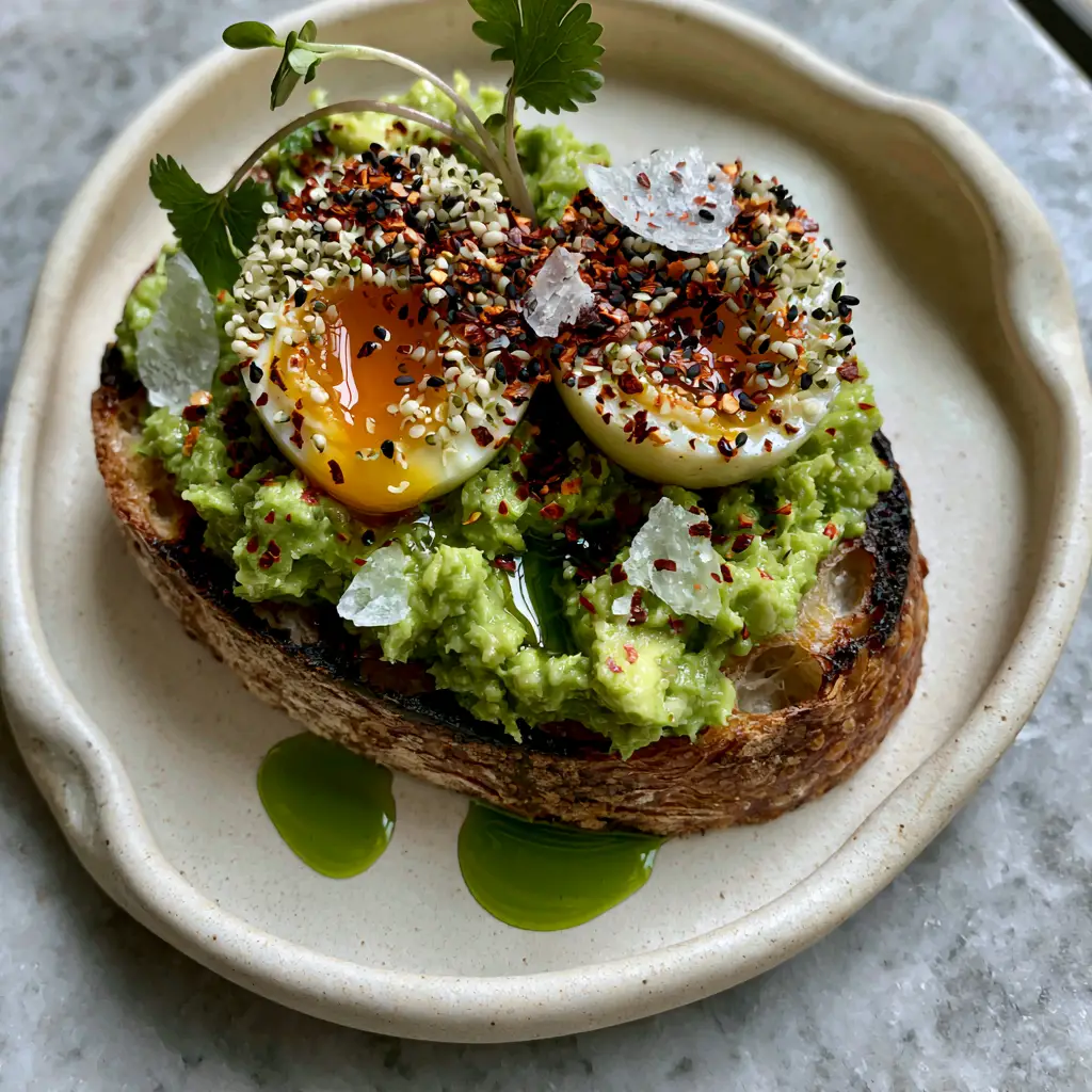 Avocado Meals: The Ultimate Gourmet Sourdough Toast with Jammy Eggs 1 A handheld smartphone photo of a gourmet avocado meal assembly on a cream ceramic plate.