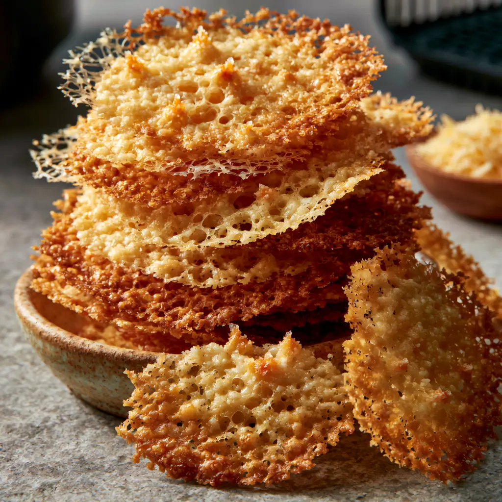 Parmesan Crisps Recipe: How to Make Lacy Air Fryer Cheese Crisps 2 Close-up of lacy parmesan crisps showing aerated cheese bubbles and toasted edges. (Parmesan crisps recipe)