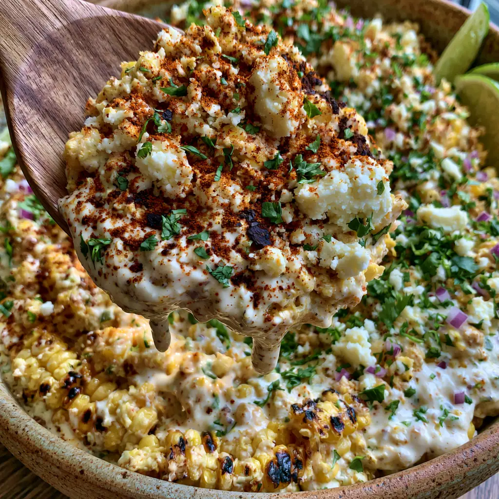 Mexican Street Corn Salad with Charred Corn and Smoky Lime Crema 2 Top-down macro shot of mexican street corn salad in a ceramic bowl, showing charred yellow corn, purple onion, and red chili powder dusting.