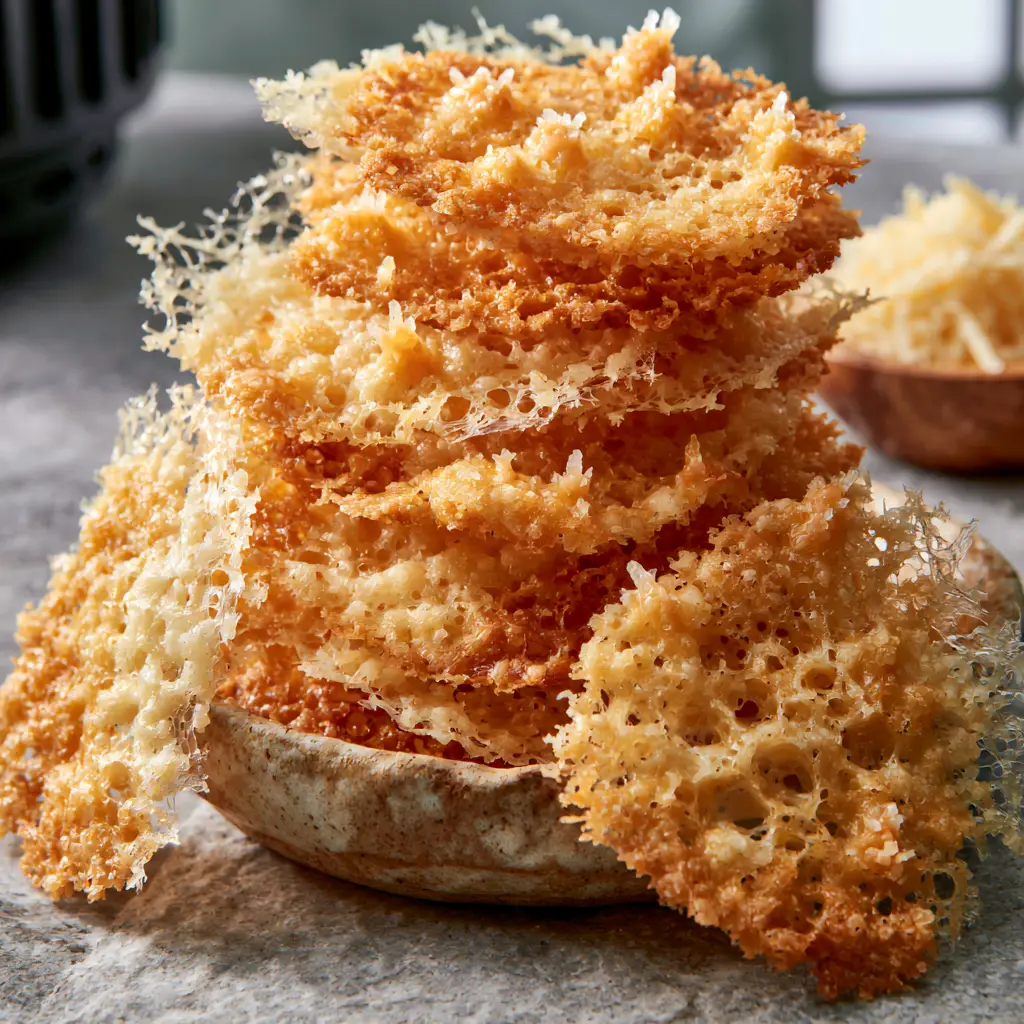 Parmesan Crisps Recipe: How to Make Lacy Air Fryer Cheese Crisps 1 A tall stack of parmesan crisps leaning against a rustic ceramic bowl on a stone countertop.