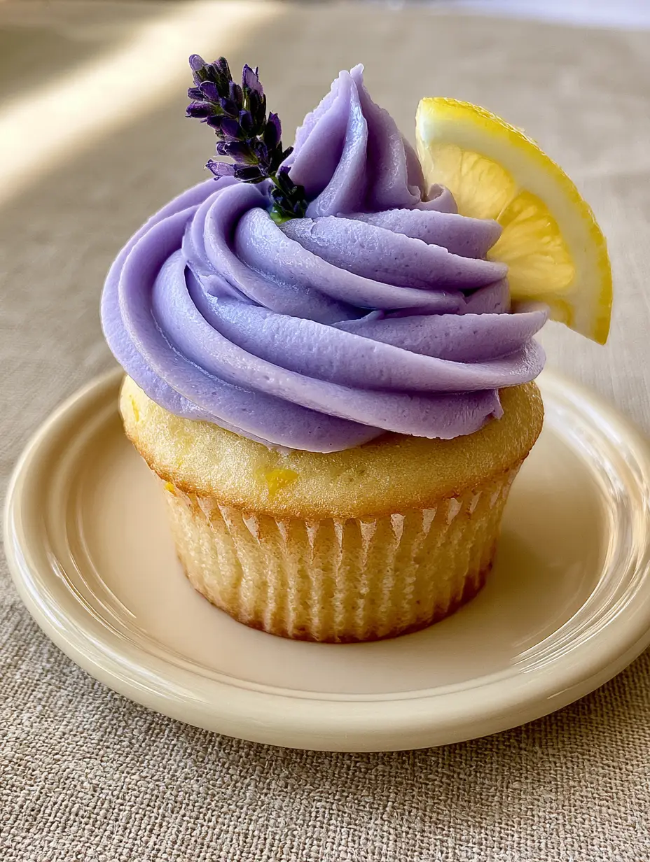Lavender Cupcakes with Lemon Zest Sponge and Pastel Purple Frosting 3 Close up of a moist golden lemon zest cupcake topped with thick natural pastel purple buttercream. (lavender cupcakes)