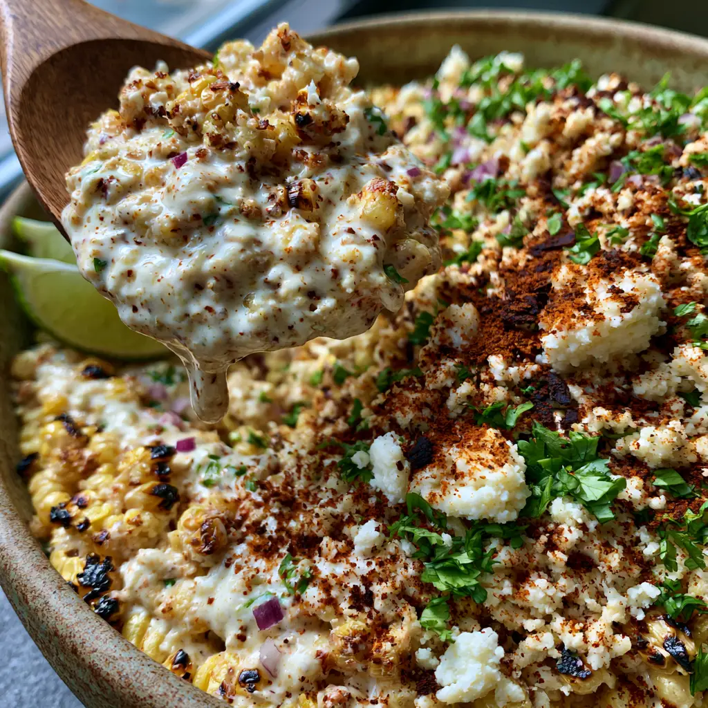 Mexican Street Corn Salad with Charred Corn and Smoky Lime Crema 1 Detailed view of mexican street corn salad featuring large crumbles of white cotija cheese and vibrant green cilantro.