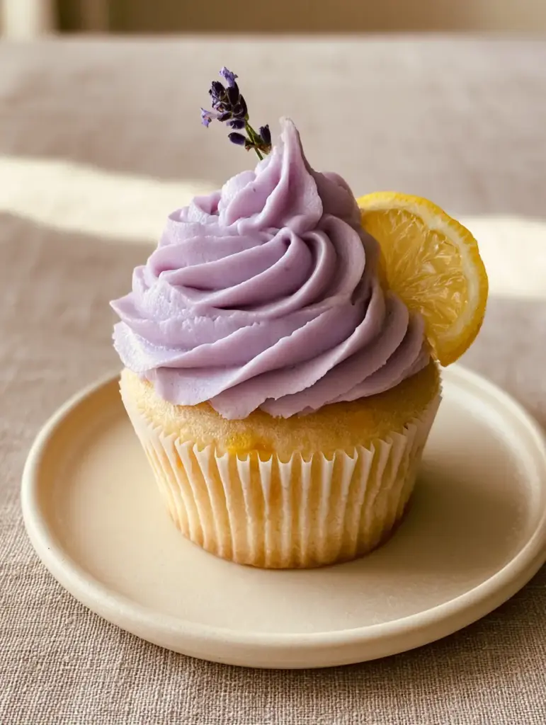 Lavender Cupcakes with Lemon Zest Sponge and Pastel Purple Frosting 1 A fresh lavender cupcake on a cream plate with neutral linen tablecloth and soft natural lighting.