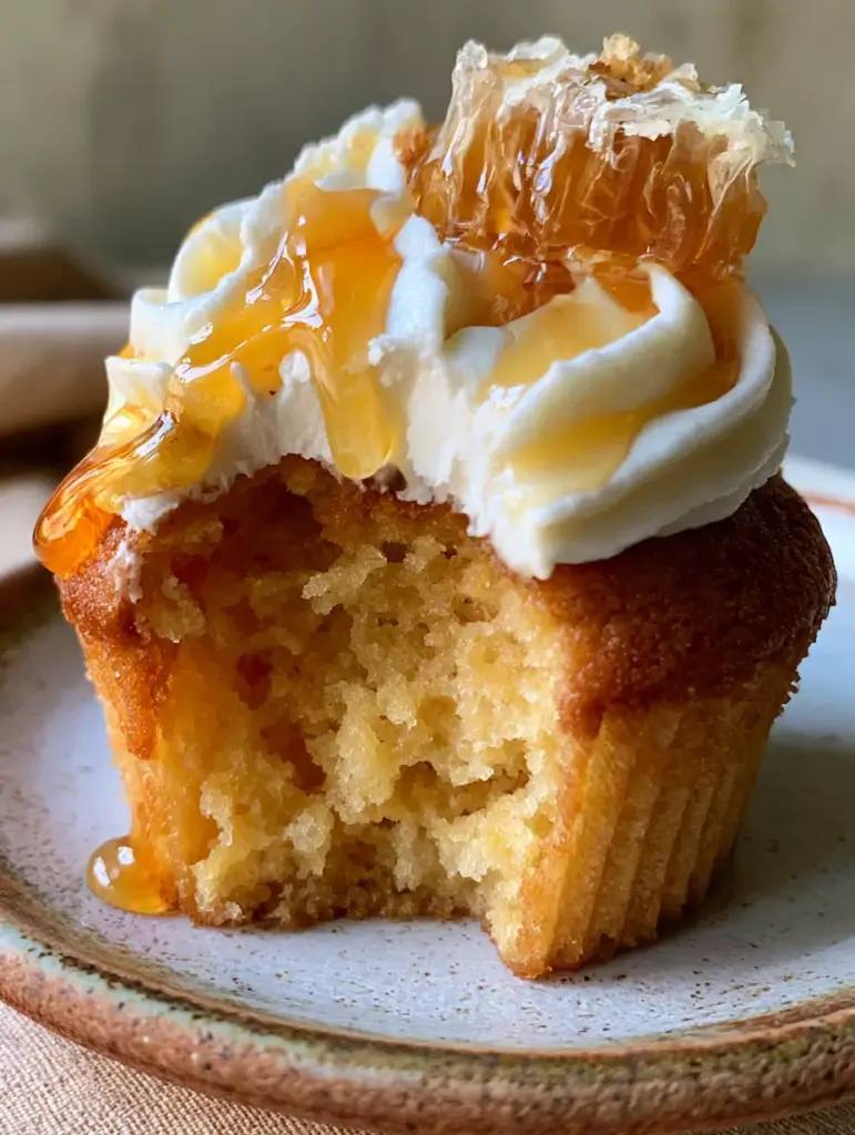 Honey Cupcakes with Whipped Honey Buttercream and Fresh Honeycomb 2 A handheld photo of a fluffy honey cupcake with a clean bite taken out, revealing an airy, moist crumb on a rustic plate.