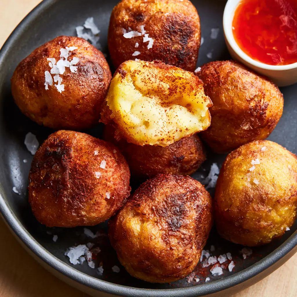 Plantain Balls Recipe: Crispy Nigerian Mosa with Spicy Chili Dip 2 Extreme close-up of golden-brown plantain balls with crinkled textures and caramelized spots. (plantain balls recipe)