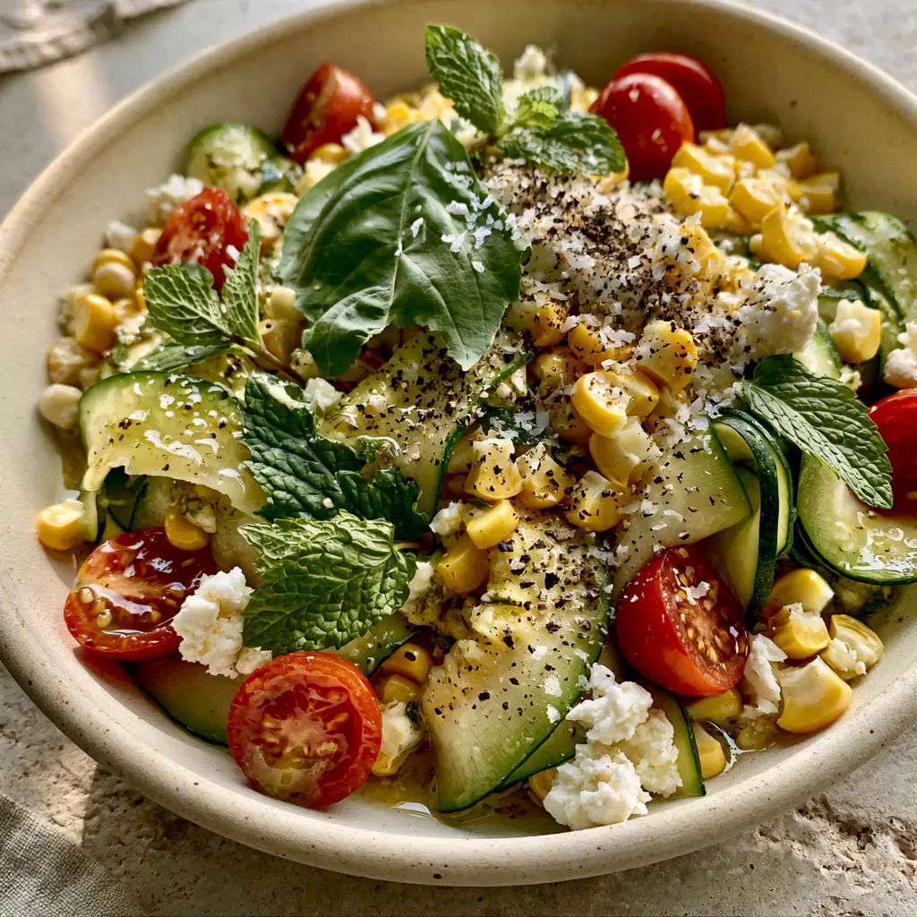 Summer Vegetable Side Dishes: Shaved Zucchini and Raw Corn Salad with Lemon-Herb Vinaigrette 2 Close up of hyper-realistic zucchini ribbons and corn kernels with a glossy lemon-herb vinaigrette (summer vegetable side dishes).