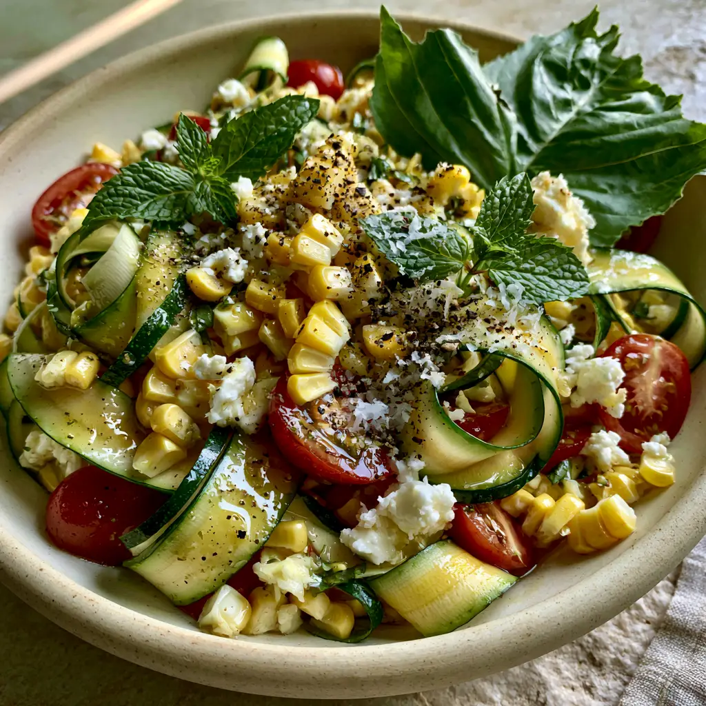 Summer Vegetable Side Dishes: Shaved Zucchini and Raw Corn Salad with Lemon-Herb Vinaigrette 1 A wide shot of the vibrant zucchini and corn salad in a rustic ceramic bowl under natural afternoon sunlight.