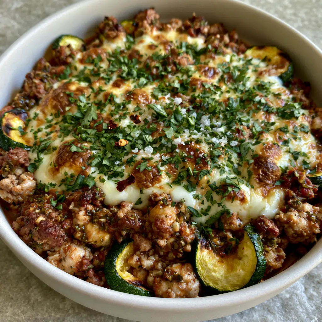 Ground Turkey Zucchini Casserole with Bubbly Mozzarella and Savory Tomato Glaze 2 Close up of chunky seared turkey and charred zucchini in a ground turkey zucchini casserole.