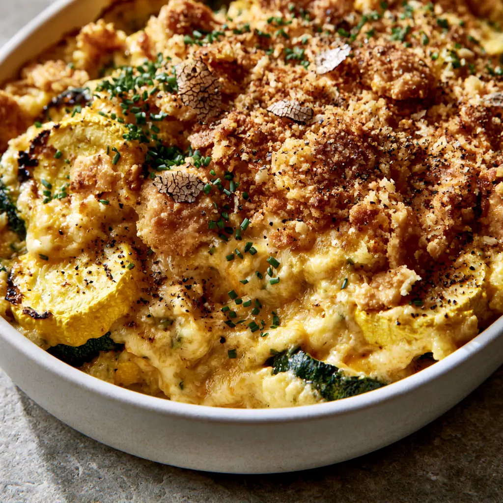 Yellow Squash and Zucchini Casserole: The Ultimate Cheesy Summer Side Dish 2 High-angle close-up of Yellow Squash and Zucchini Casserole in a white dish on a stone countertop.