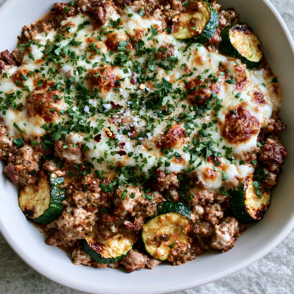 Ground Turkey Zucchini Casserole with Bubbly Mozzarella and Savory Tomato Glaze 1 A smartphone photo of a matte-white ceramic dish filled with ground turkey zucchini casserole topped with parsley.
