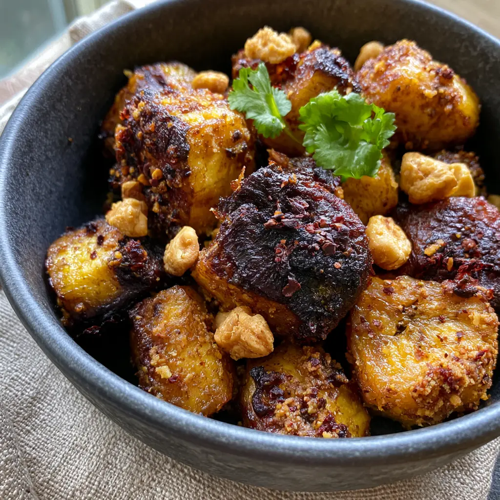 Kelewele: The Ultimate Spicy Ghanian Fried Plantains with Ginger and Cloves 2 Macro close-up of caramelized Kelewele plantain cubes with thick ginger spice coating. (Kelewele)