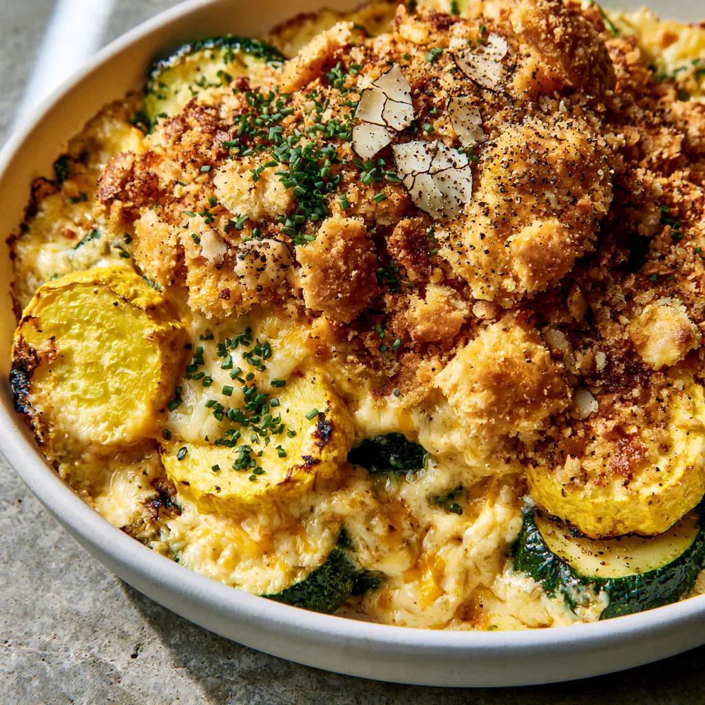 Yellow Squash and Zucchini Casserole: The Ultimate Cheesy Summer Side Dish 1 A scooped portion of Yellow Squash and Zucchini Casserole showing the thick parmesan cream sauce and chive garnish.