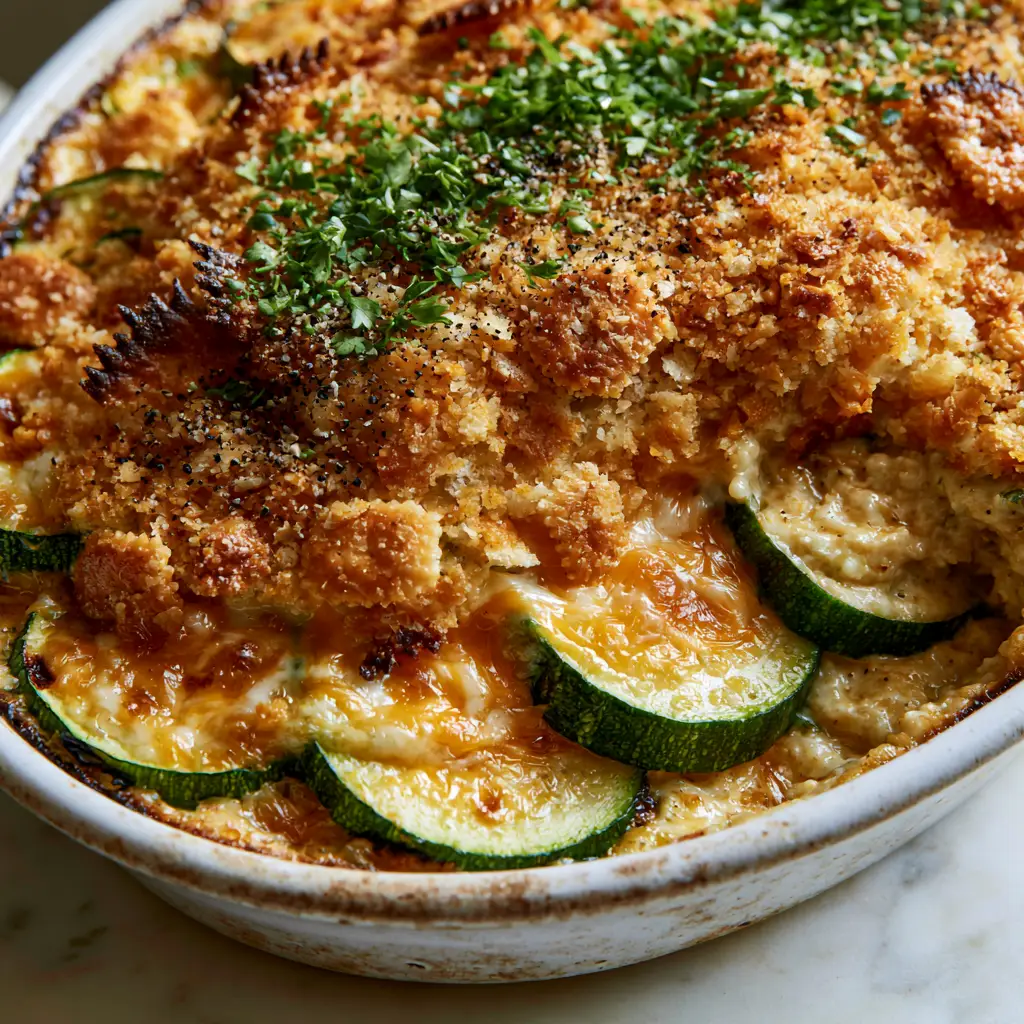 Zucchini Casserole with Buttery Ritz Cracker Topping 2 Close up shot of seared zucchini half-moons in a thick cream sauce with bubbling cheddar cheese. (zucchini casserole)