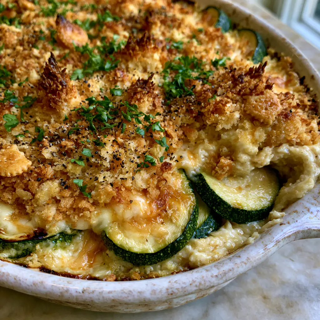 Zucchini Casserole with Buttery Ritz Cracker Topping 1 A mountainous crust of golden-brown toasted Ritz crackers with jagged edges on top of a zucchini casserole.