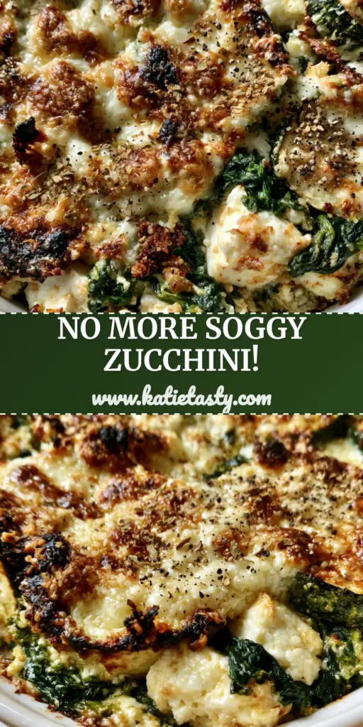 Zucchini Spinach and Feta Casserole: The Ultimate Mediterranean Bake 4 A close-up shot of Zucchini Spinach and Feta Casserole in a white dish, showing a bubbly golden-brown parmesan crust and visible feta chunks.