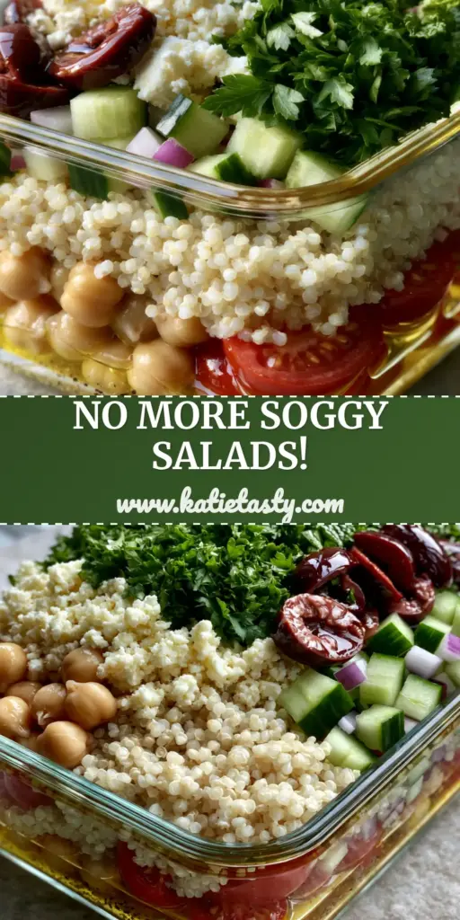 Mediterranean Quinoa Salad with Zesty Lemon Vinaigrette 4 A premium glass meal prep container showcasing vibrant layers of a mediterranean quinoa salad with feta and olives.
