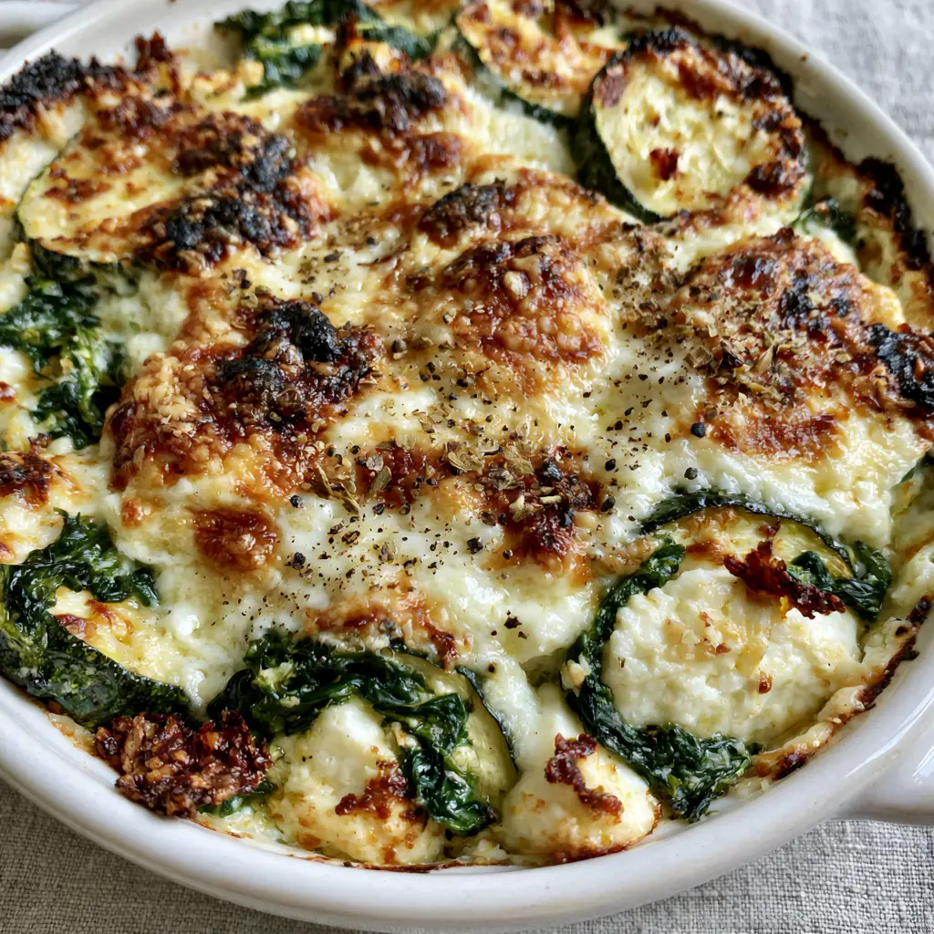 Zucchini Spinach and Feta Casserole: The Ultimate Mediterranean Bake 2 Top-down extreme close-up of Mediterranean zucchini bake with charred parmesan edges and cracked black pepper. (Zucchini Spinach and Feta Casserole)