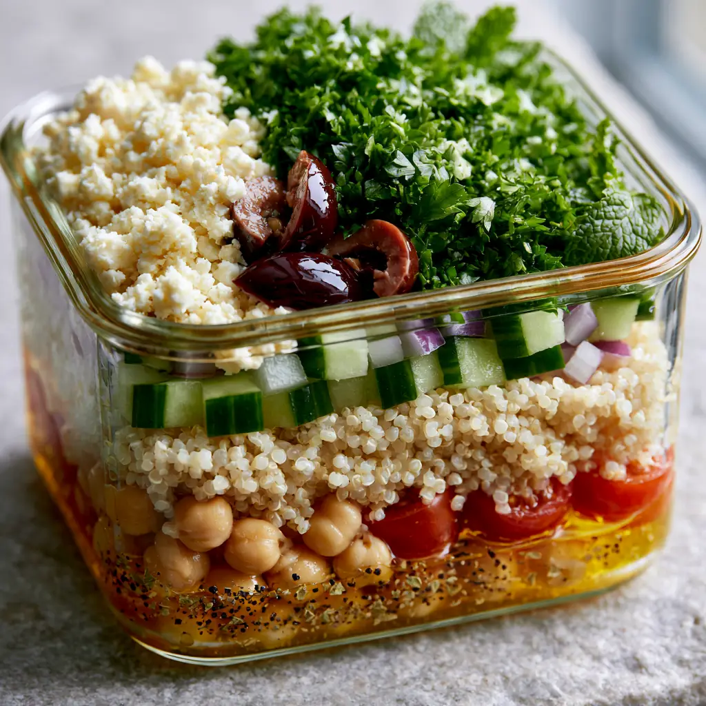 Mediterranean Quinoa Salad with Zesty Lemon Vinaigrette 2 Side view of a mediterranean quinoa salad in glass containers with distinct layers of chickpeas, quinoa, and fresh herbs.