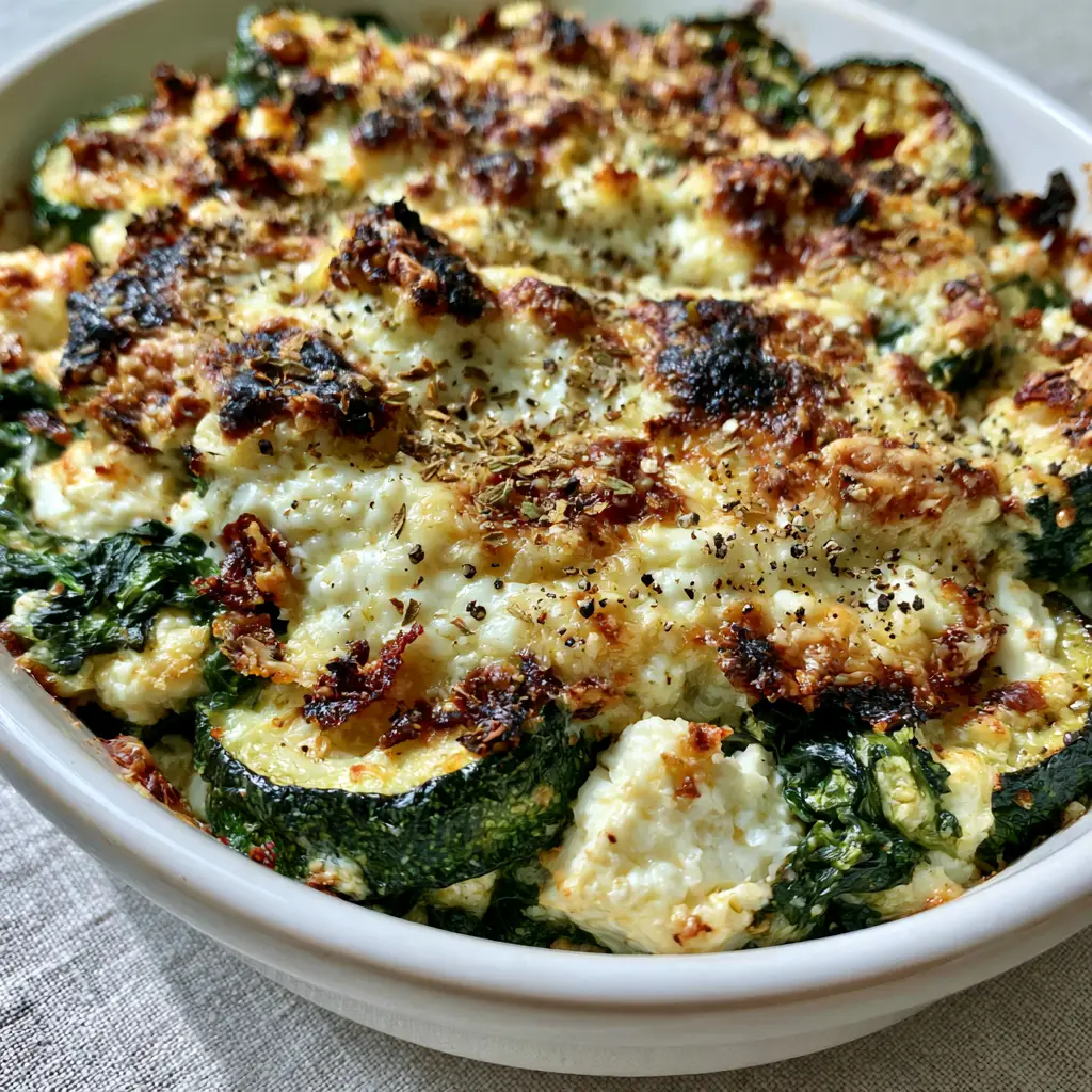 Zucchini Spinach and Feta Casserole: The Ultimate Mediterranean Bake 1 A handheld smartphone photo showing the firm, roasted texture of the Zucchini Spinach and Feta Casserole layers.