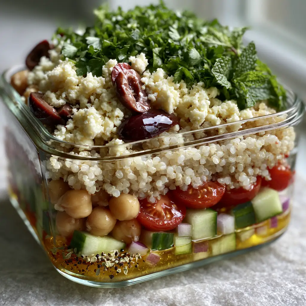 Mediterranean Quinoa Salad with Zesty Lemon Vinaigrette 1 Close up of the top layer of a mediterranean quinoa salad featuring crumbled feta, kalamata olives, and fresh mint.