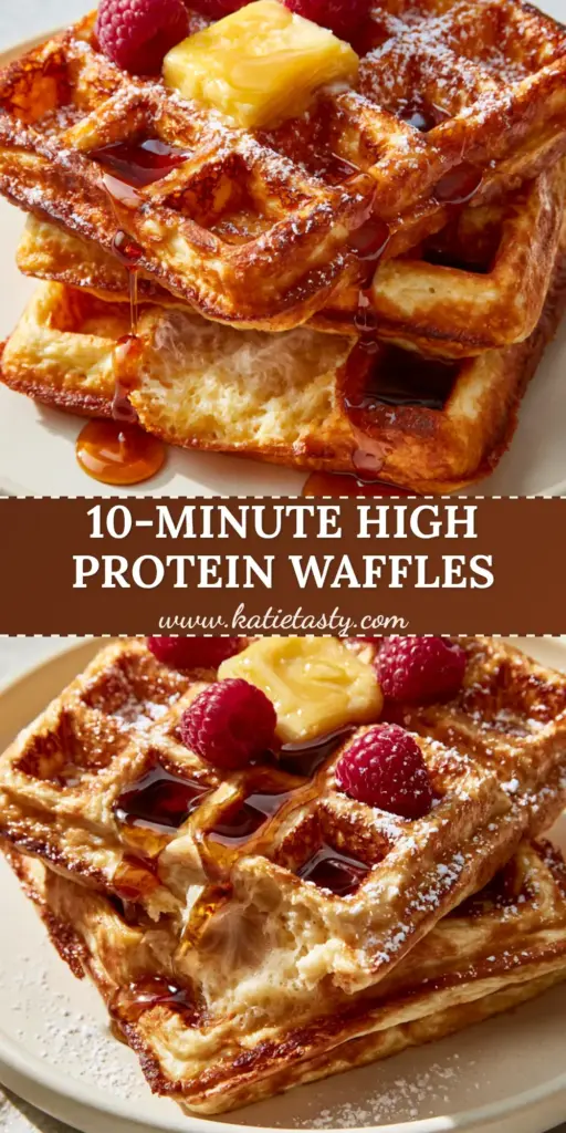 Greek Yogurt Waffles: The Ultimate Crispy and Fluffy Protein Breakfast 4 A stack of three thick Greek Yogurt Waffles topped with melting butter, syrup, and raspberries on a grey stone surface.