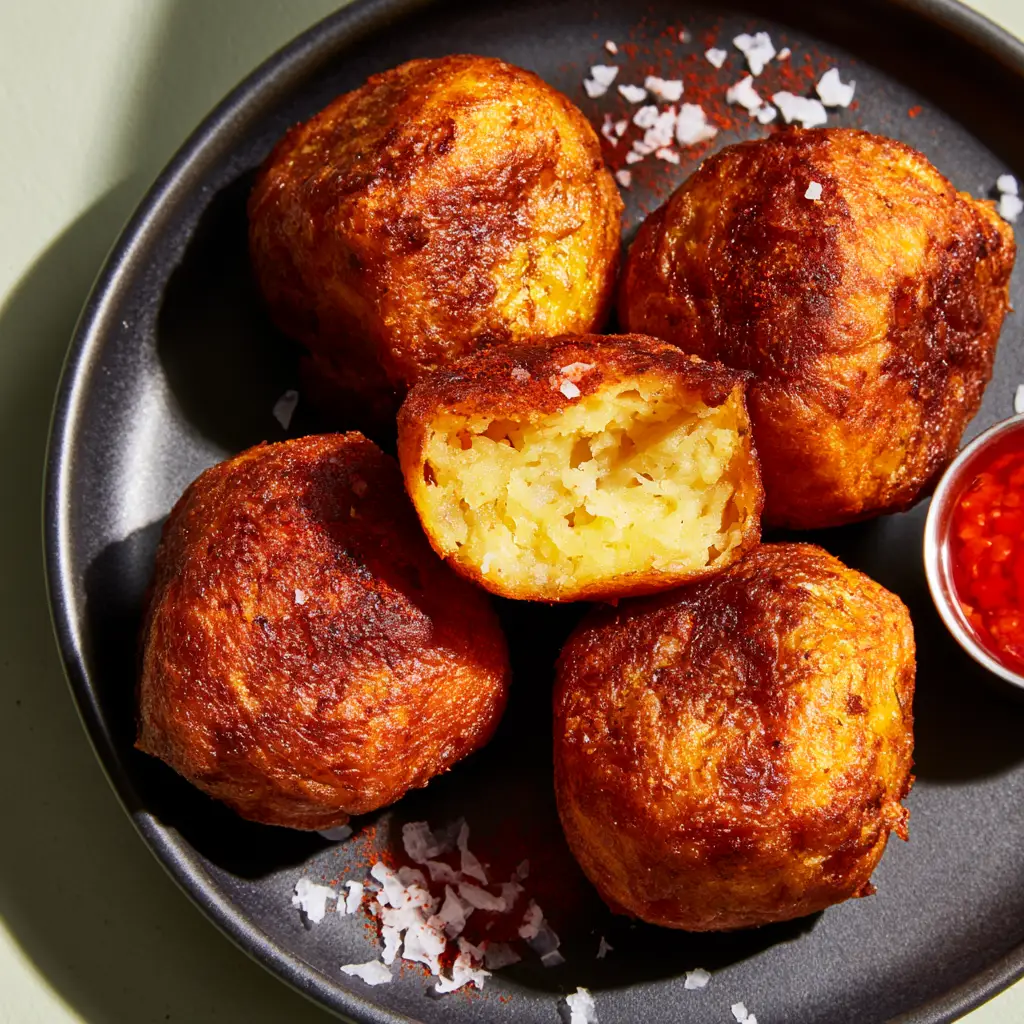Plantain Balls Recipe: Crispy Nigerian Mosa with Spicy Chili Dip 1 A plantain ball split open to reveal a steaming, soft pale yellow interior on a charcoal plate. (plantain balls recipe)