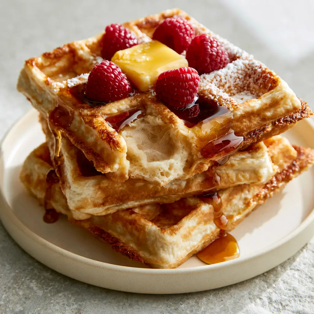 Greek Yogurt Waffles: The Ultimate Crispy and Fluffy Protein Breakfast 2 High-angle shot of Greek Yogurt Waffles with deep square wells and cascading maple syrup.