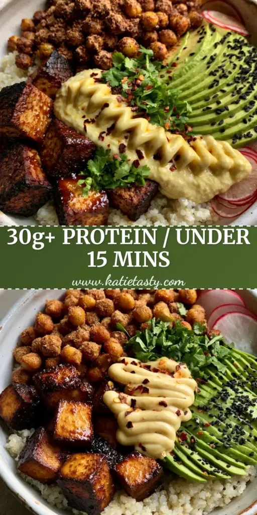 High-Protein Vegetarian Meals: The Ultimate Mediterranean Smoked Tofu and Quinoa Power Bowl 4 A vibrant Mediterranean bowl featuring charred tofu, roasted chickpeas, and sliced avocado on fluffy quinoa, representing high-protein vegetarian meals.