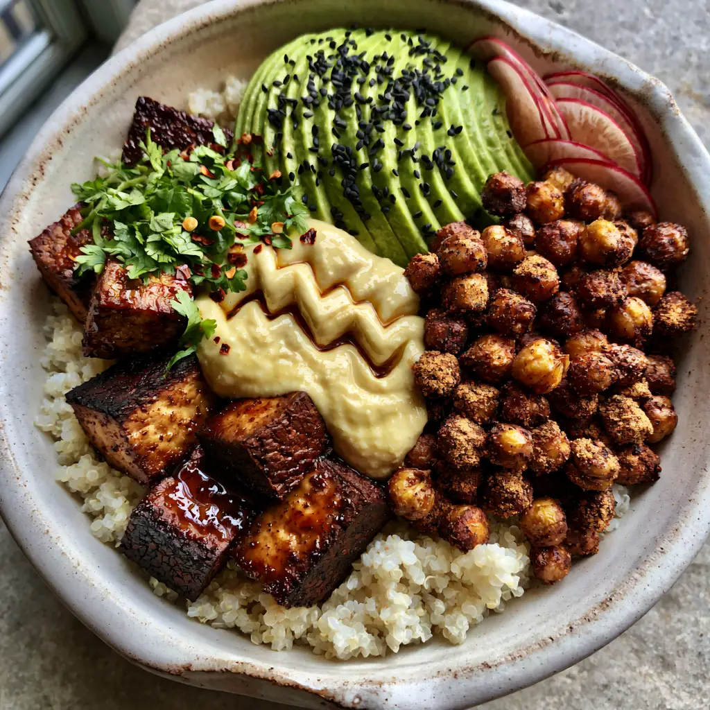 High-Protein Vegetarian Meals: The Ultimate Mediterranean Smoked Tofu and Quinoa Power Bowl 2 Top-down close-up of a high-protein vegetarian bowl with glossy maple-sriracha tofu and crispy chickpeas.