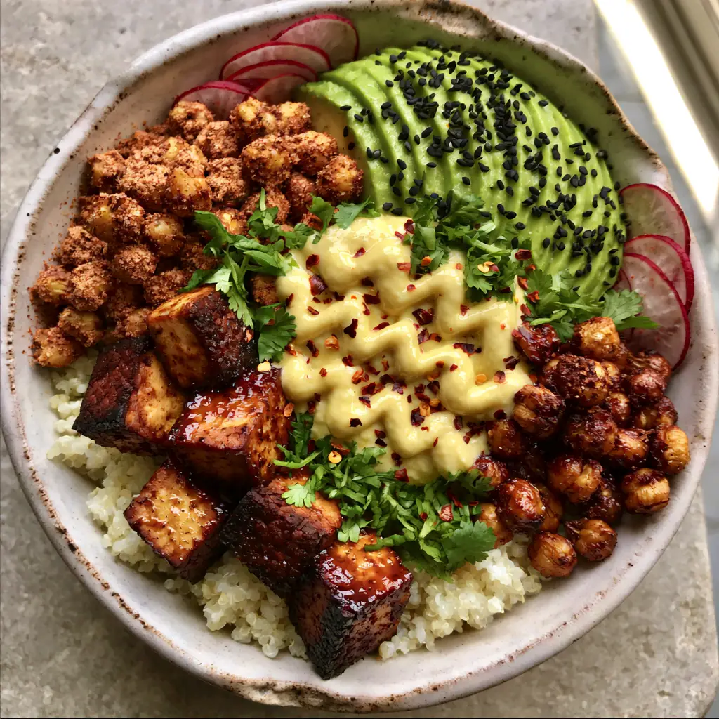 High-Protein Vegetarian Meals: The Ultimate Mediterranean Smoked Tofu and Quinoa Power Bowl 1 Close-up of pan-seared smoked tofu with charred edges and maple-sriracha glaze in a bowl.