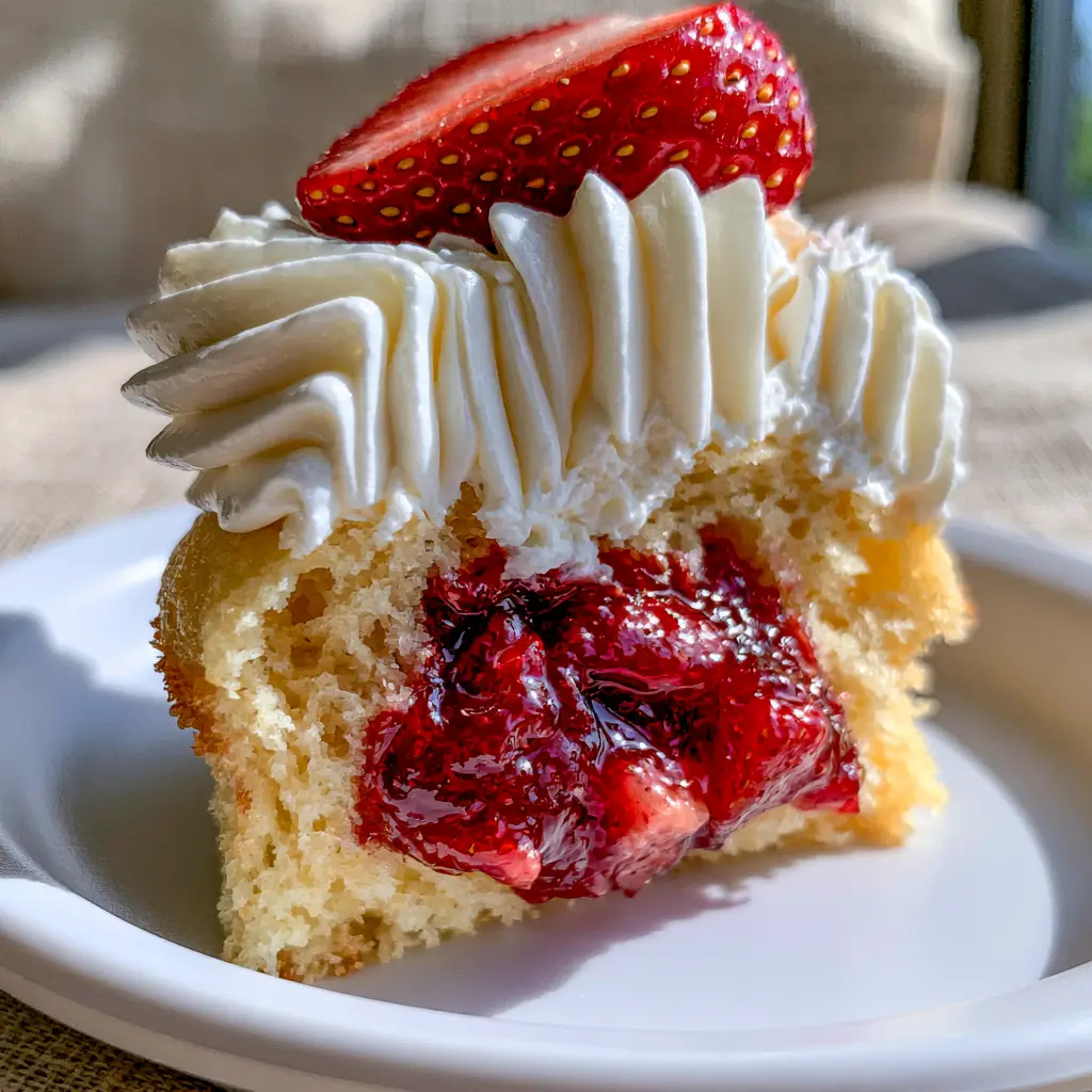 Strawberry Shortcake Cupcakes: A Gourmet Recipe for Airy Sponge and Crimson Jam 2 Macro shot of Strawberry Shortcake cupcakes on a white ceramic plate with sharp piping ridges.