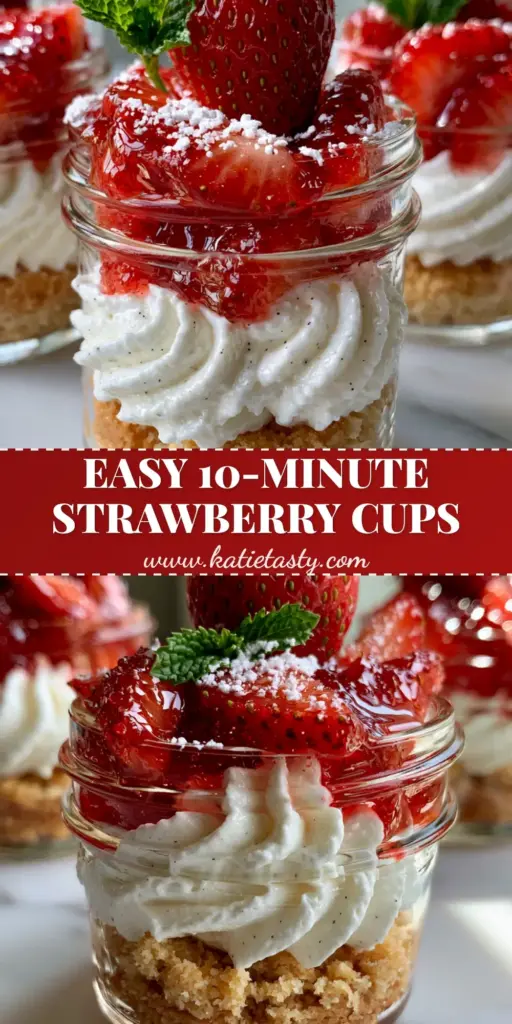 Strawberry shortcake cup: The Ultimate Individual Mason Jar Dessert 4 A close-up handheld shot of three Strawberry shortcake cups in mini mason jars, featuring golden shortbread, vanilla cream, and glistening strawberries. (Strawberry shortcake cup)