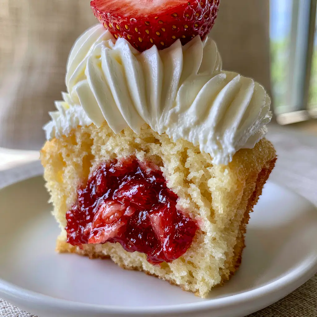 Strawberry Shortcake Cupcakes: A Gourmet Recipe for Airy Sponge and Crimson Jam 1 A close-up vertical reveal of the chunky crimson filling inside Strawberry Shortcake cupcakes.