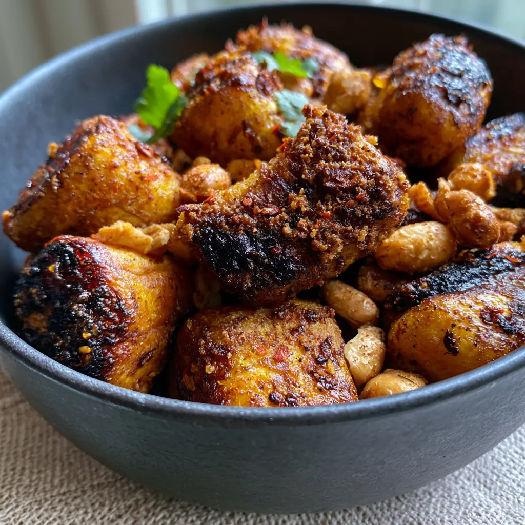 Kelewele: The Ultimate Spicy Ghanian Fried Plantains with Ginger and Cloves 1 Rustic bowl of Kelewele on a linen napkin showing the contrast of golden peanuts and green cilantro.
