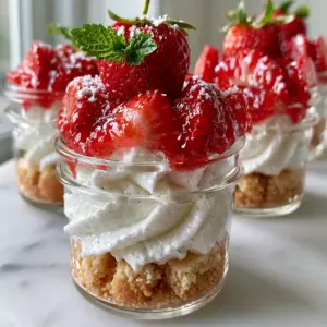 Macro photo of individual Strawberry shortcake cups showing thick layers of cream and syrupy berries. (Strawberry shortcake cup)