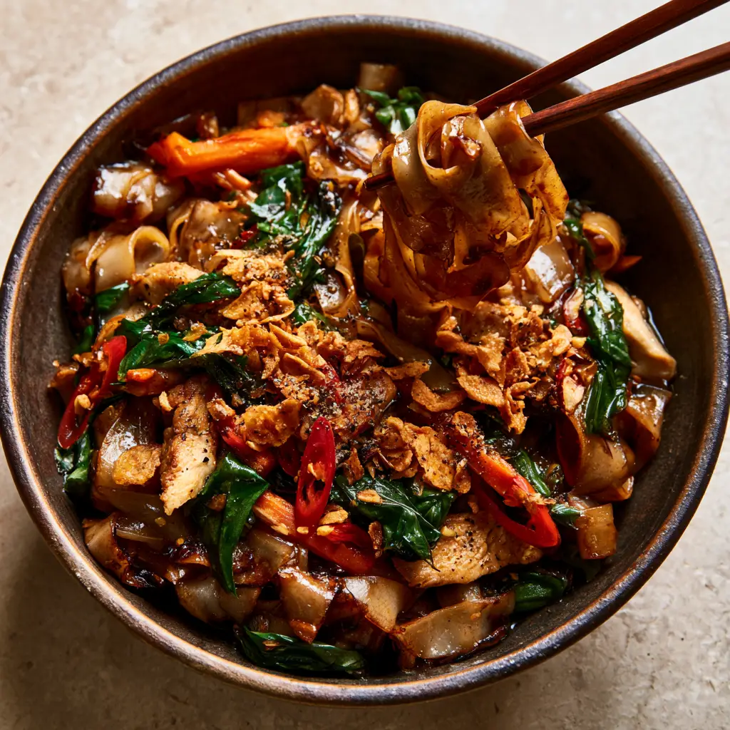 Pad Kee Mao: The Ultimate Guide to Authentic Thai Drunken Noodles 2 High-angle shot of Pad Kee Mao in a ceramic bowl with glistening dark soy sauce and red bird's eye chilies. (Pad Kee Mao)