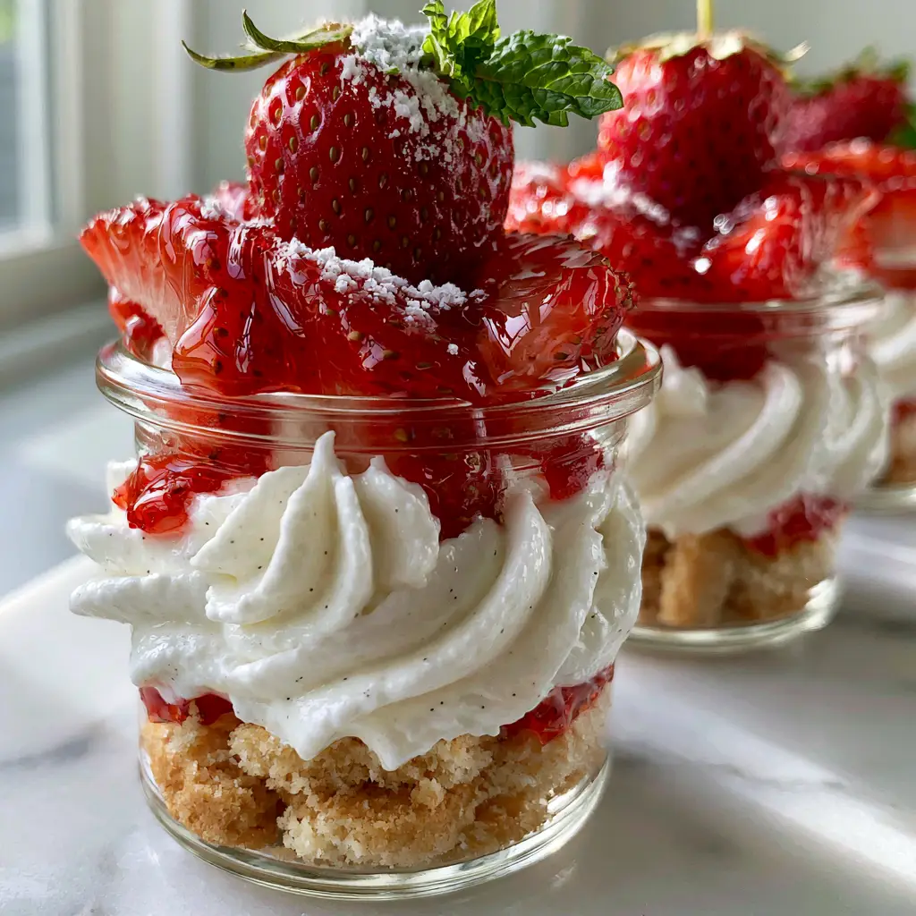 Strawberry shortcake cup: The Ultimate Individual Mason Jar Dessert 1 Three mini mason jars filled with Strawberry shortcake cup layers on a white marble background.