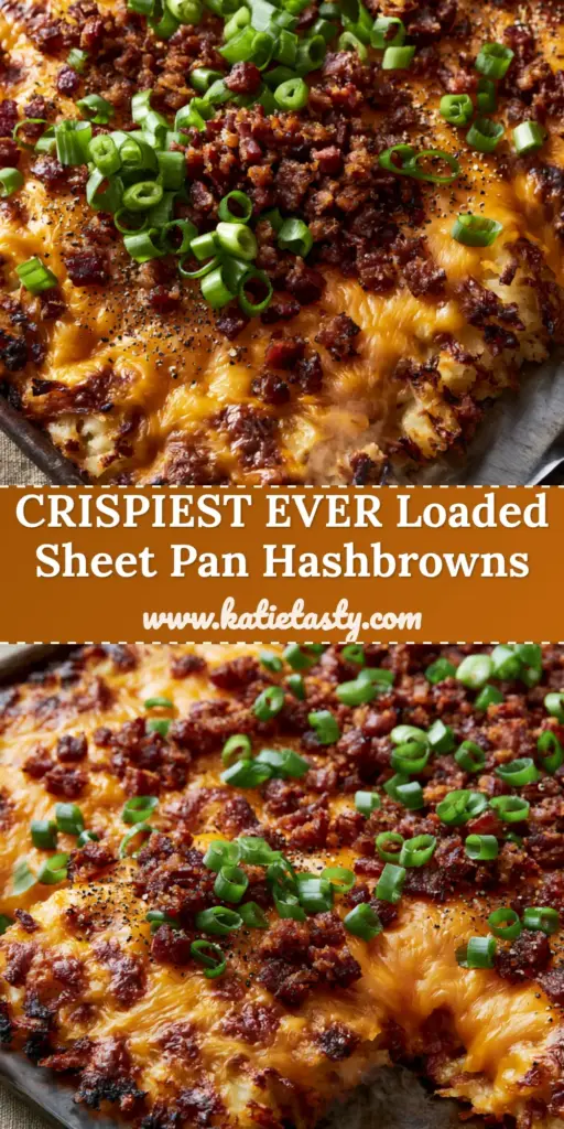 Loaded Hash Browns Sheet Pan Recipe: The Crispiest Cheesy Breakfast 4 A close-up vertical shot of crispy Loaded Hash Browns on a sheet pan topped with bubbling cheddar, bacon, and green onions.