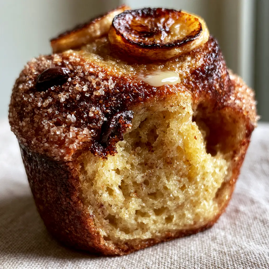 Banana Bread Muffins: The Ultimate Bakery-Style Chocolate Chip Recipe 2 Macro photography of a warm banana bread muffin split open to reveal a moist aerated internal crumb and melted chocolate.