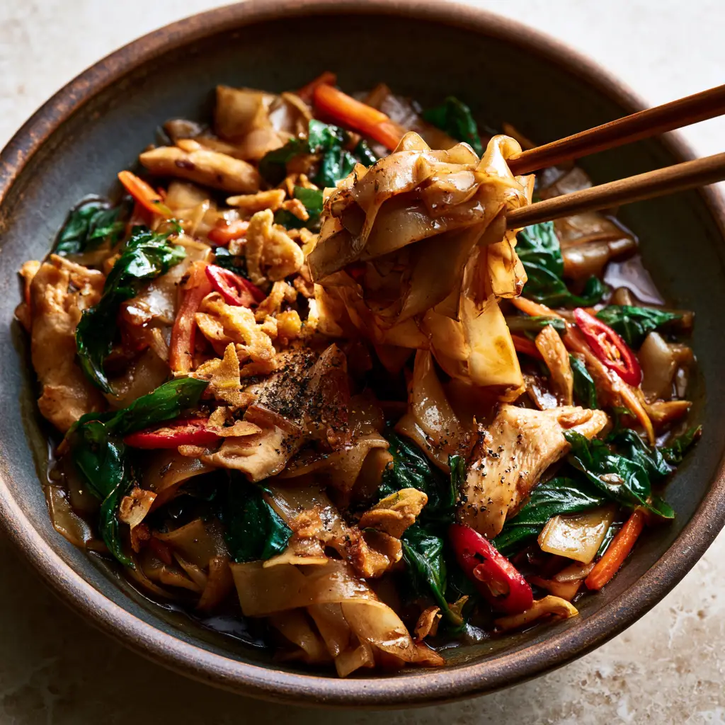 Pad Kee Mao: The Ultimate Guide to Authentic Thai Drunken Noodles 1 Wooden chopsticks lifting a tangle of charred Pad Kee Mao noodles with chicken and basil.
