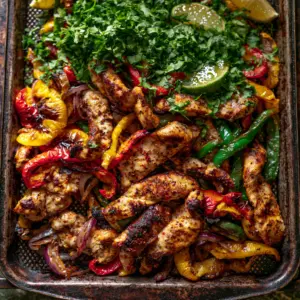 Overhead shot of golden-brown seared chicken strips and blistered bell peppers on a textured tray. (Sheet Pan Chicken Fajitas)