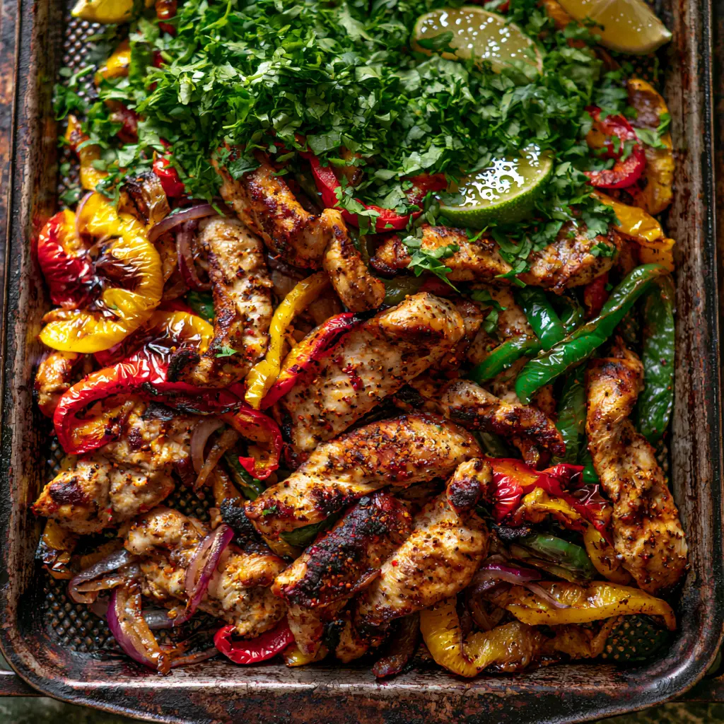 Sheet Pan Chicken Fajitas: Sizzling, Easy Weeknight Perfection 2 Overhead shot of golden-brown seared chicken strips and blistered bell peppers on a textured tray. (Sheet Pan Chicken Fajitas)