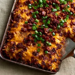 Top-down view of Loaded Hash Browns on a dark sheet pan featuring deep golden edges and melted sharp cheddar.