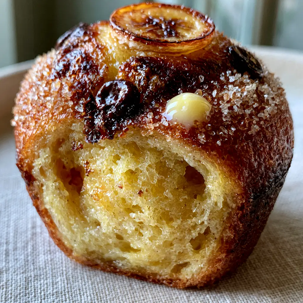 Banana Bread Muffins: The Ultimate Bakery-Style Chocolate Chip Recipe 1 Close-up of a high-domed banana bread muffin topped with sparkling turbinado sugar and caramelized banana slices.