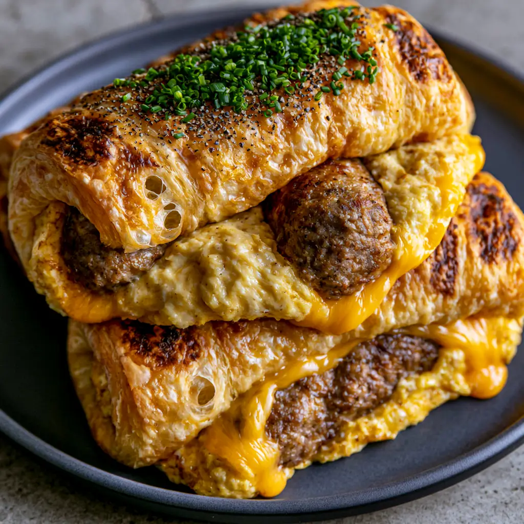 Sausage Egg and Cheese Roll-Ups: The Ultimate Flaky Air Fryer Breakfast 2 Top-down view of flaky Sausage Egg and Cheese Roll-Ups on a charcoal plate with morning sunlight shadows. (Sausage Egg and Cheese Roll-Ups)