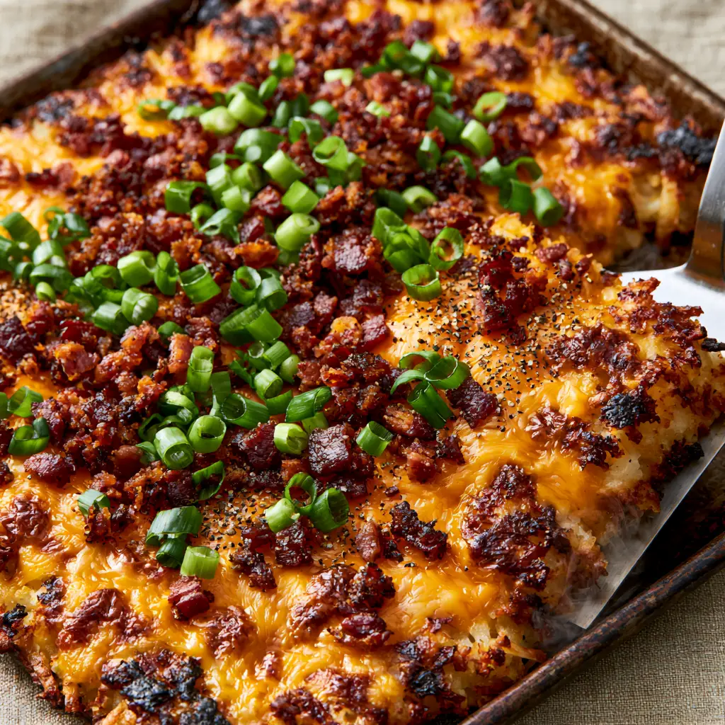Loaded Hash Browns Sheet Pan Recipe: The Crispiest Cheesy Breakfast 1 A metal spatula lifting a square of Loaded Hash Browns revealing a perfectly browned underside and rising steam.